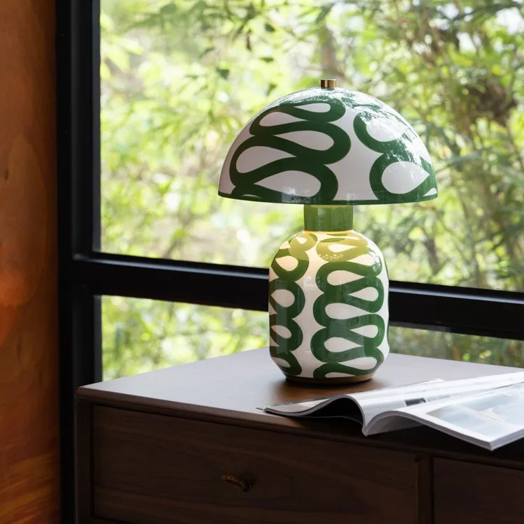 Painted Pottery Artist's Mushroom Lamp Glazed Green Reading Ambient Lamp Desk Lamp Living