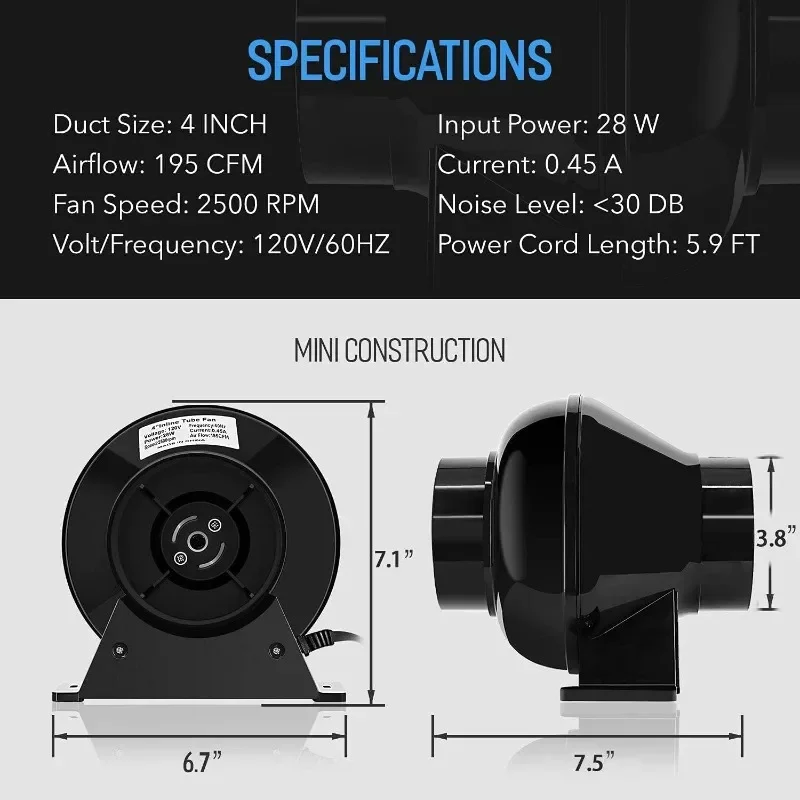 195 CFM Inline Fan Circulation Vent Blower, Air Carbon and 8 Feet Flexible Ducting for Grow Tent Ventilation, Exhaust