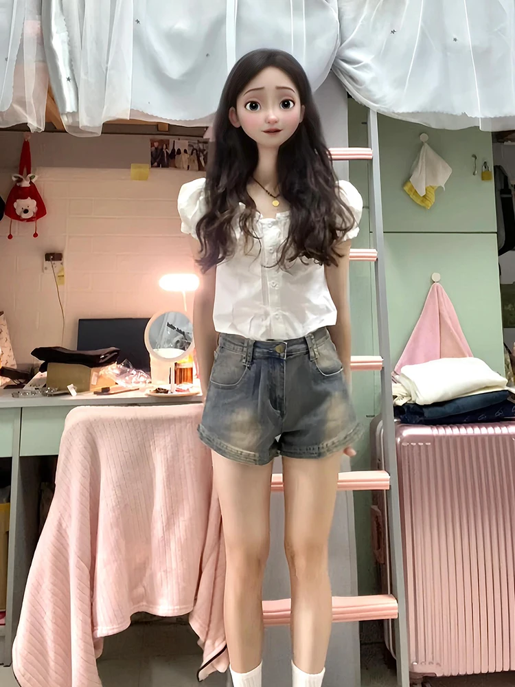 レトロアメリカンホットガールデニムオーツ女性用サマーシンハイウエストスリム万能ラップアラウンドワイドレッグホットパンツ