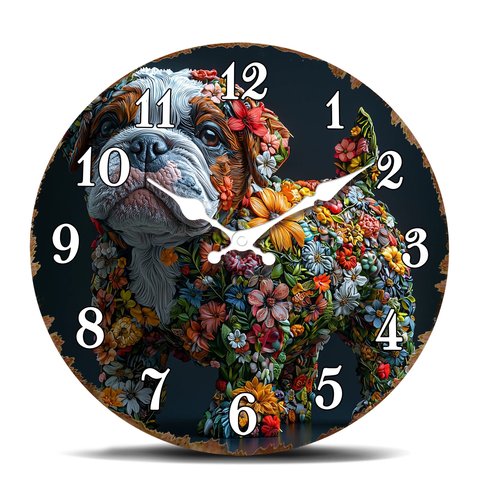 Bulldog Floral Pattern Wall Clock, Unique Dog Art Decorative Clock, Colorful Flower-Covered Bulldog Design Wall Watch for Pet Lo