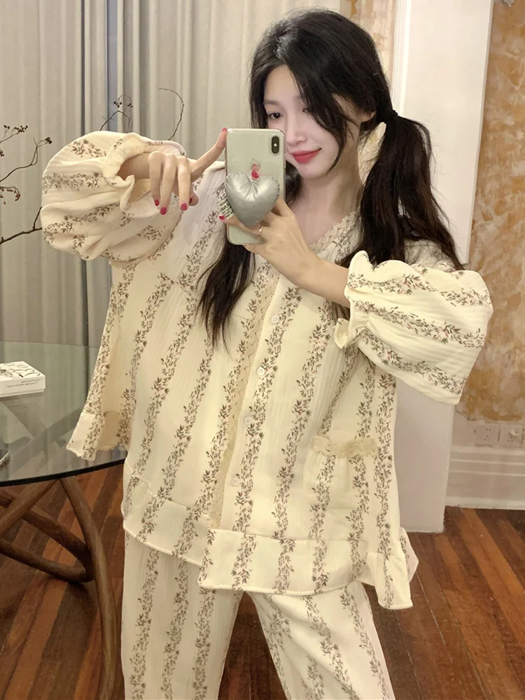 

Lace New Home Warm Print Flowers Thicken Winter Long Sleeve Pajama Set Women Korean Style ElegantCasual Comfortable Sleepwear