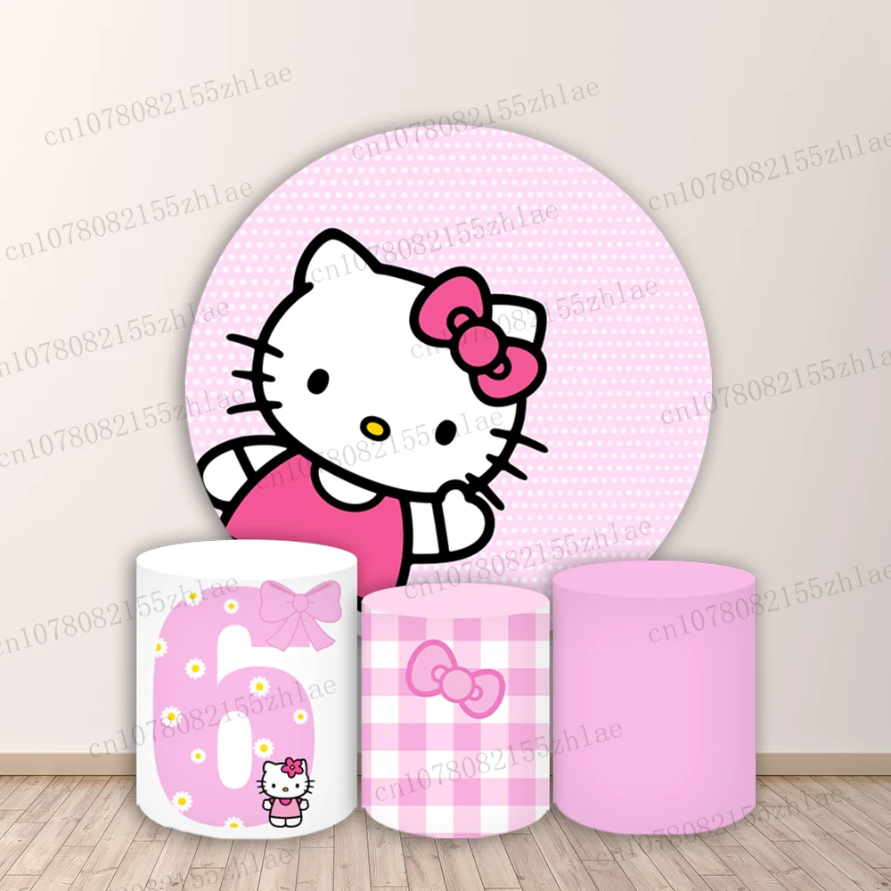 

Hello Kitty Customized Age Baby Shower Photo Backdrop Pink Birthday Party Photography Backdrop Round&Cylinders Plinth Covers