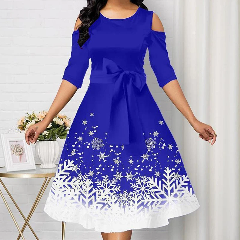 جديد مثير عيد الميلاد فستان محكم من عند الصدر ويتدلى بشكل واسع مزاجه المألوف ندفة الثلج نمط جولة الرقبة قبالة الكتف التعادل حزام الملابس النسائية #3