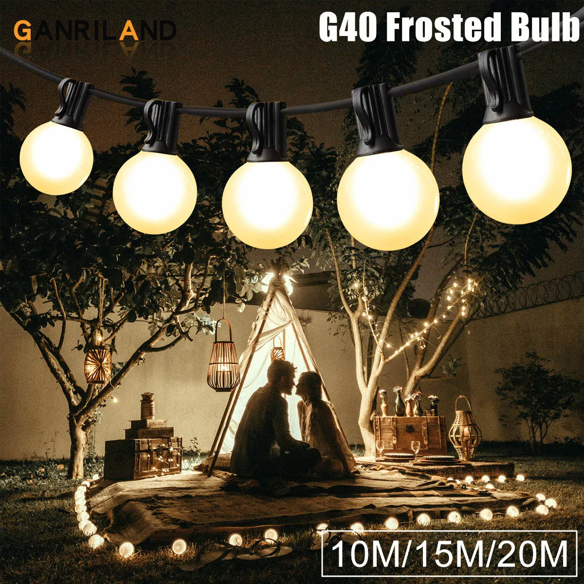 GANRILAND-Guirxiété Lumineuse LED, Globe G40, Base E12, Blanc Givré, Lumières Dégradées, Connectable, Extérieur, 25 Pieds, 50 Pieds, 65 Pieds