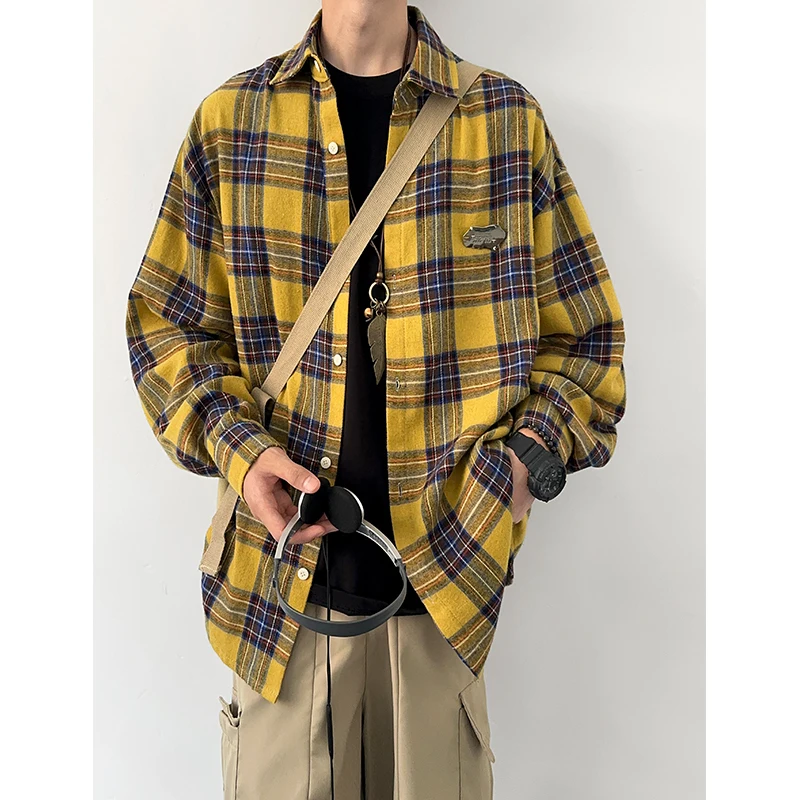 Camisa de manga larga de otoño para hombre, camisa informal Retro de gran tamaño, ropa informal japonesa, camisa holgada a cuadros, camisas Vintage para hombre, M-3XL