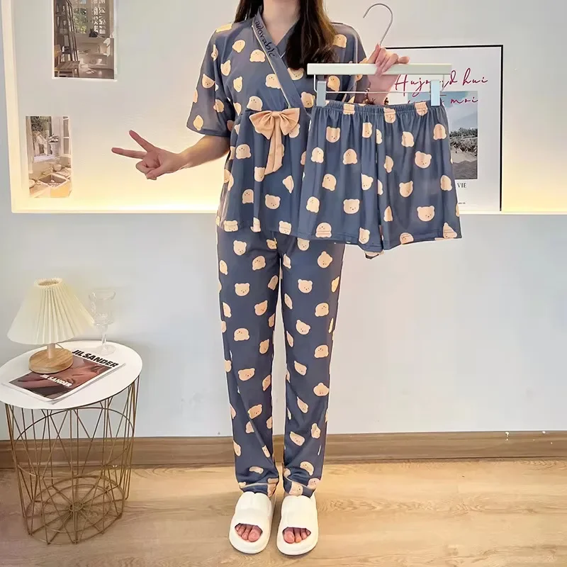 

Комплект из трех предметов с мультяшным медведем, высококачественные пижамы, женские брюки с короткими рукавами, милая студенческая одежда для сна с бантом, домашняя одежда на осень и зиму