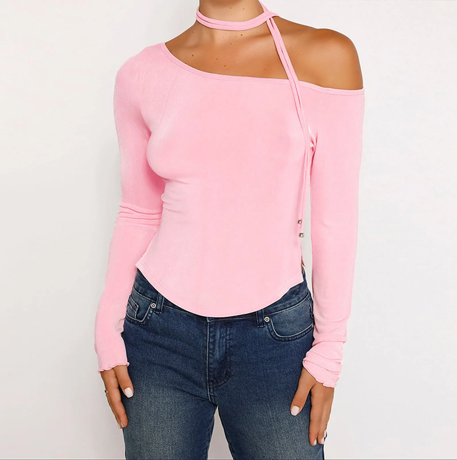 Women'S Fashion Solid Color T-Shirt Personalise Single Shoulder Long Sleeve Slim Fit Short Tops Two Sides Slits Street Style Top