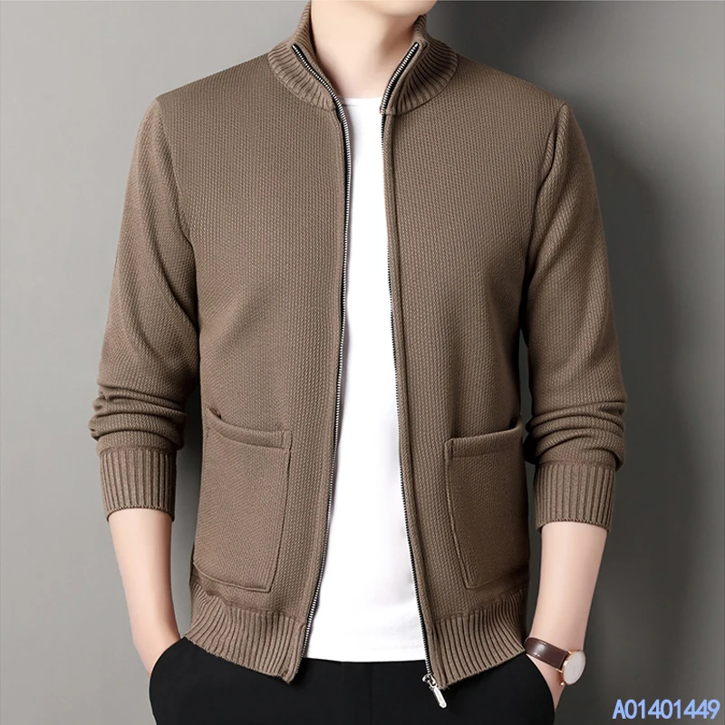 New Fashion Men's Sweater Cardigan Knit Jacket Solid Color Knit Top Clothes Pocket Thickened Warm Thermal Jumper Jackets Coat