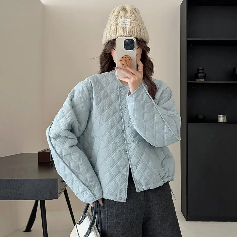 

Autumn and Winter New Women's Elegant Diamond Grid Warm Loose Pike Clothing Single Breasted Clip Cotton Thick Loose Coat