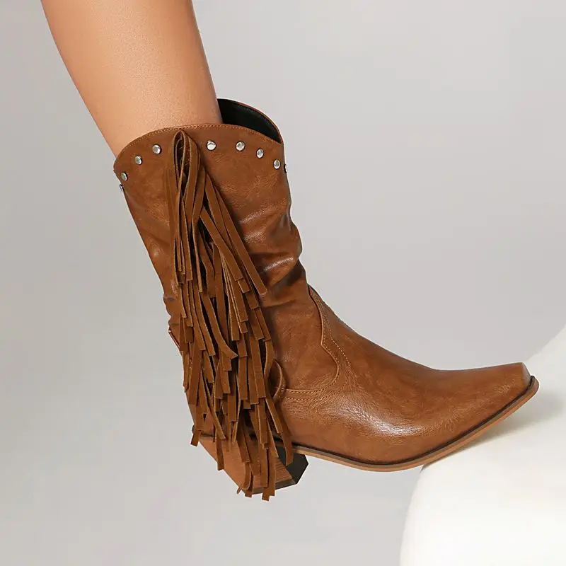 

SIMLOVEYO 2025 Trendy Western Cowboy Boots Mid Calf Square Toe Thick Heels 6cm Easy Slip Tassels Crystal Large Sizes 48 49 50