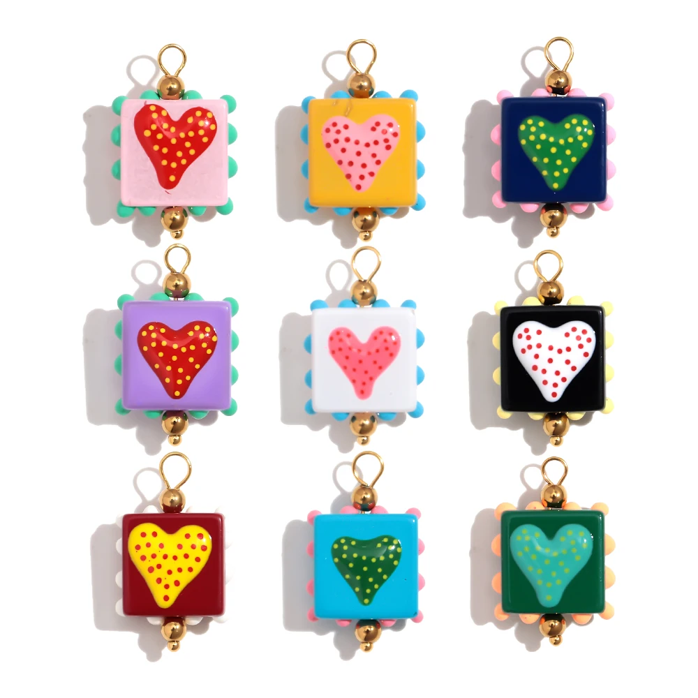 Handmade Lampwork Glass Square Heart Pendants 9 Colors Cute Polka Dot Charms Gold Bail for DIY Necklace Earrings Jewelry 2.8cm