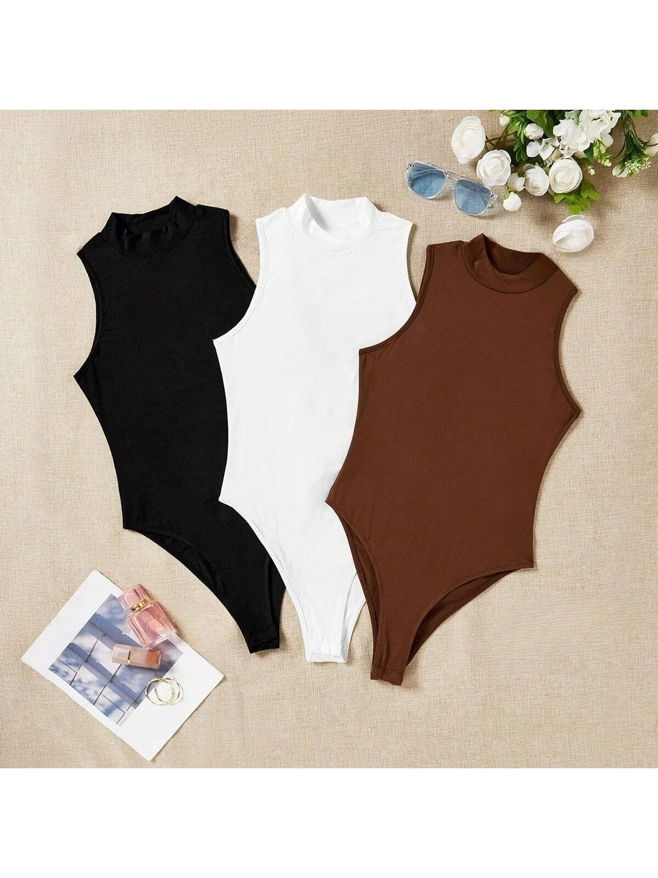 3PC plus size women's 3-piece set, casual, elegant, fashionable sleeveless solid color round neck jumpsuit 3-piece set view 4
