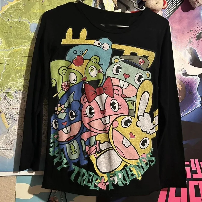 Cartoon Friends 3D Print Long Sleeve Tshirt Y2K Harajuku Kawaii Emo Gothic Grunge Graphic Top for Women Retro Street Clothes
