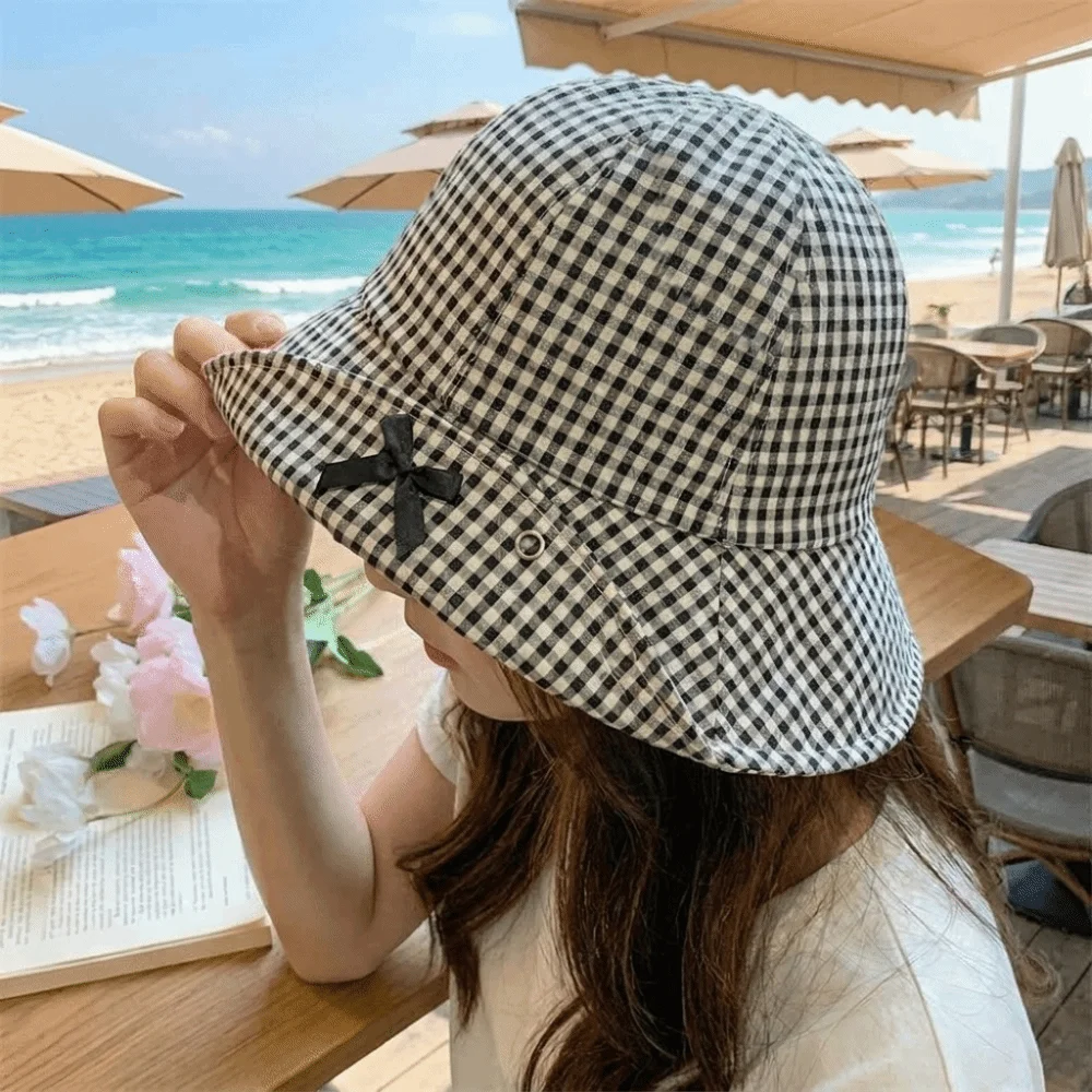 Black Bowknot Plaid Bucket Hat Casual Gingham Check Wide Brim Sun Hats Fashion Summer Season Sun Hats Versatile Daily Use Cap
