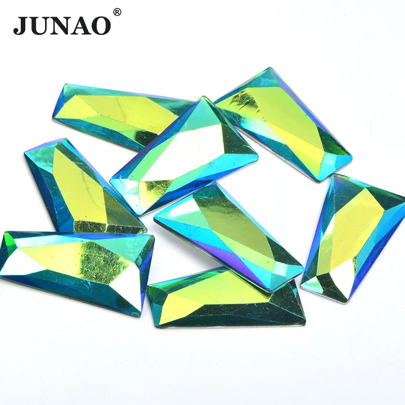 JUNAO 10Pcs 13*27*44mm Green AB Large Size Trapezoid Rhinestone Applique Flatback Resin Strass Glue On Crystal Stones For DIY