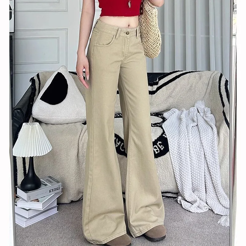 Girls Chic Khaki Low Waist Flared Jeans Women Retro Fashion Solid Denim Trousers Female Korean Thin Straight Leg Pants
