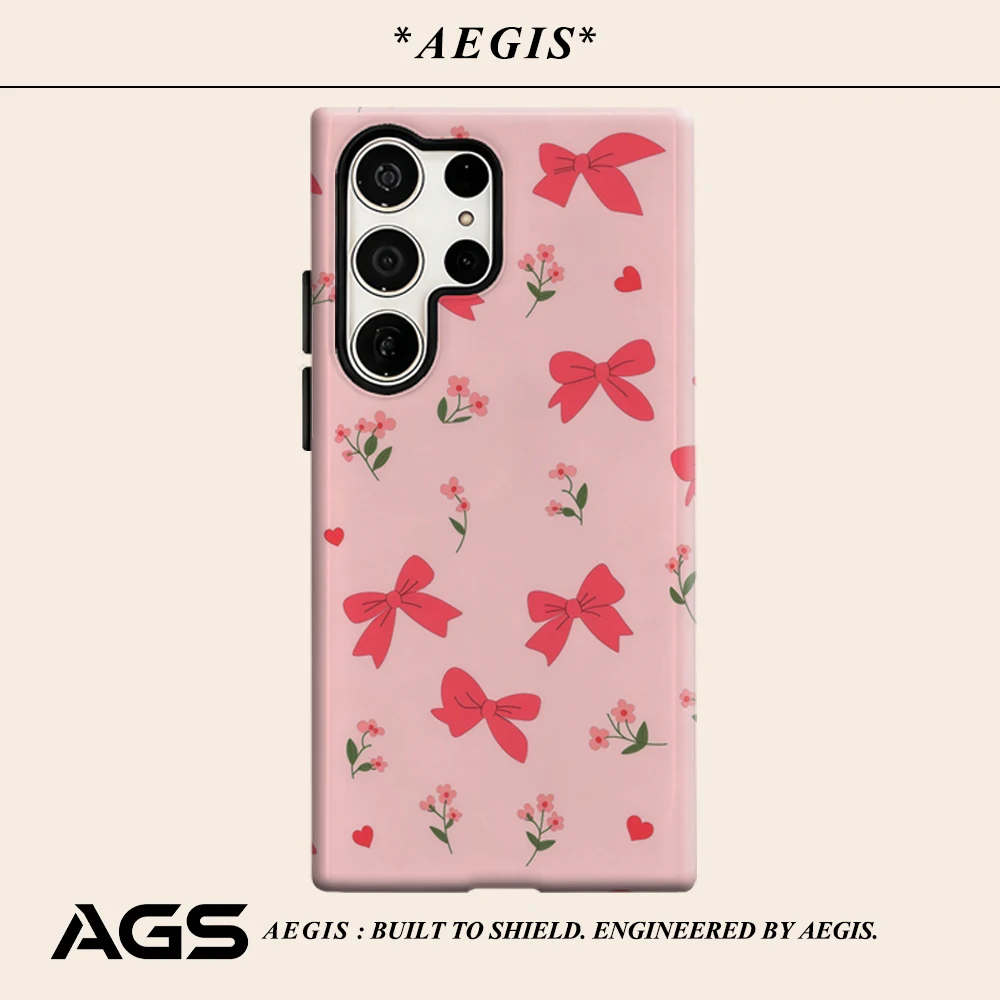 Pink Bow Heart Phone Case for Samsung Galaxy S25 Ultra S24 S23 Ultra Plus Glossy Double-layer Back Cover