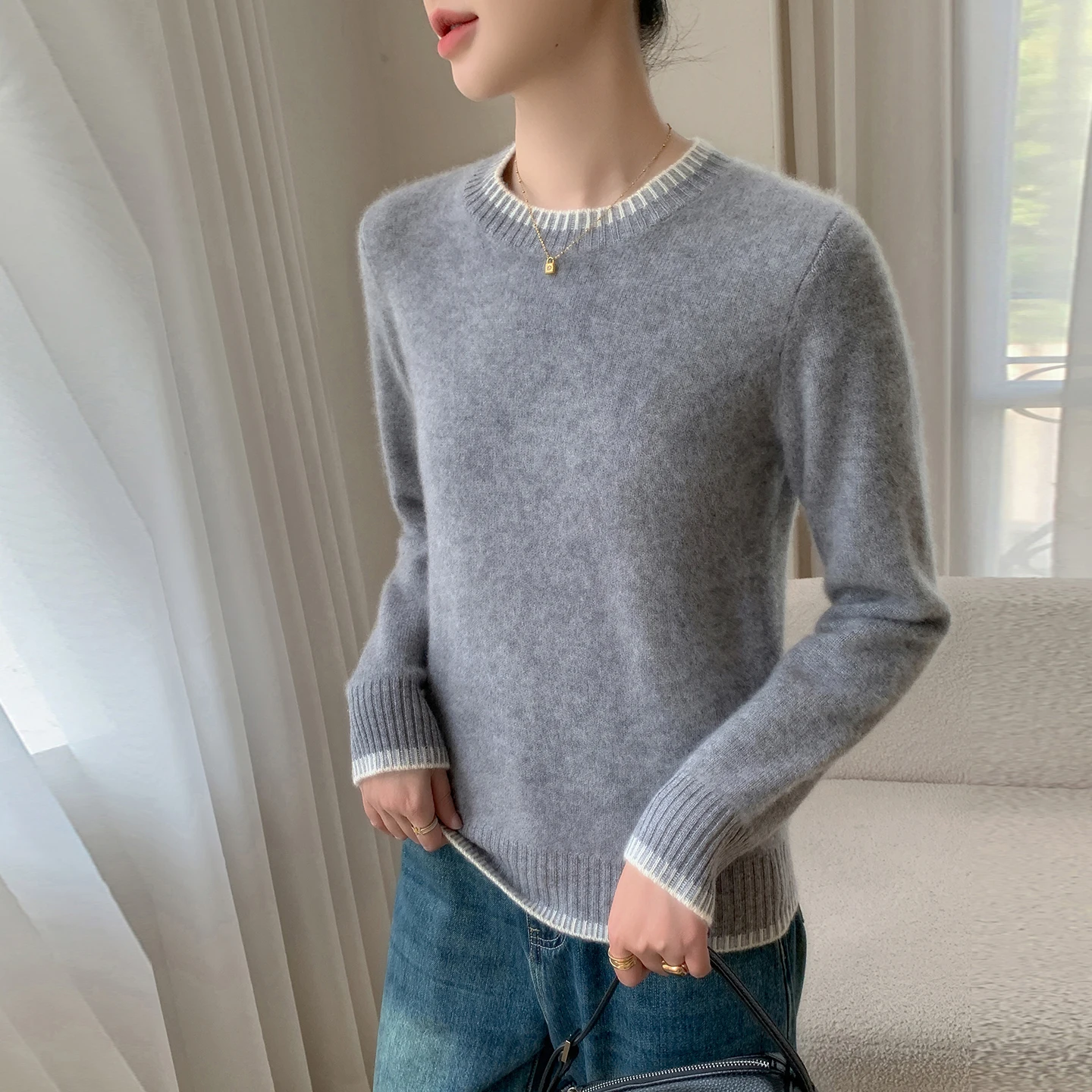 خريف/شتاء جديد المرأة 100% الكشمير الخالص البلوز عادية اللون منعت محبوك سترة فضفاضة الجولة الرقبة القمم سميكة البلوز