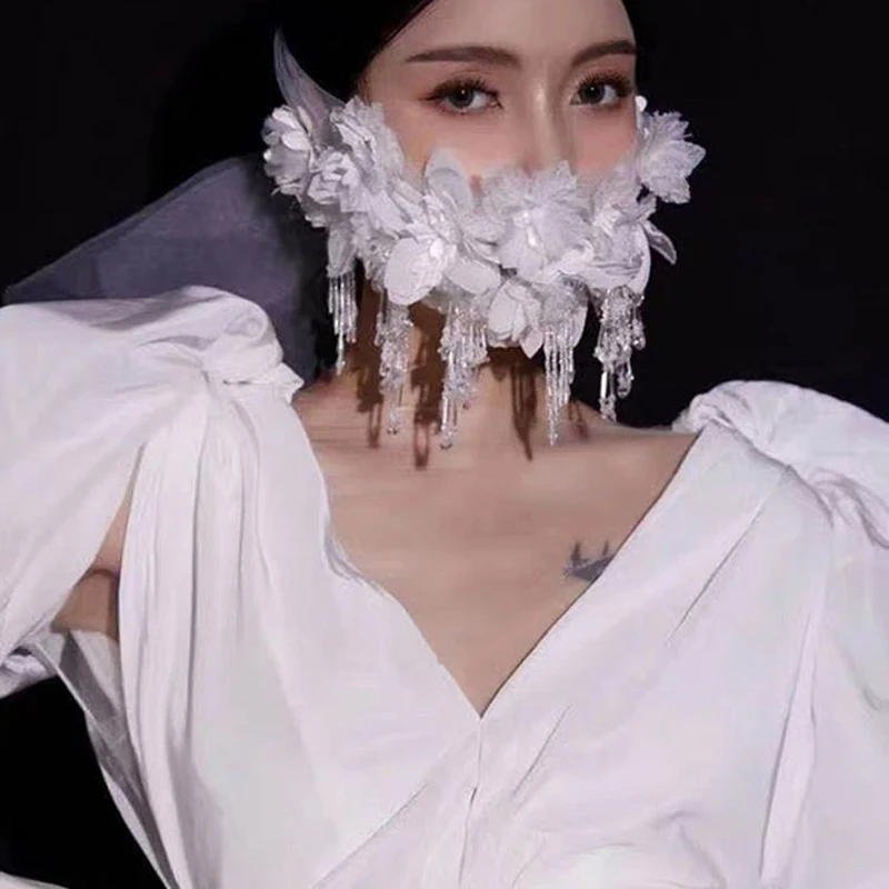 Fil blanc fleurs femmes mascarade masque cristal gland Sexy Mardi Gras vénitien carnaval bal bal fête visage accessoire rencontres