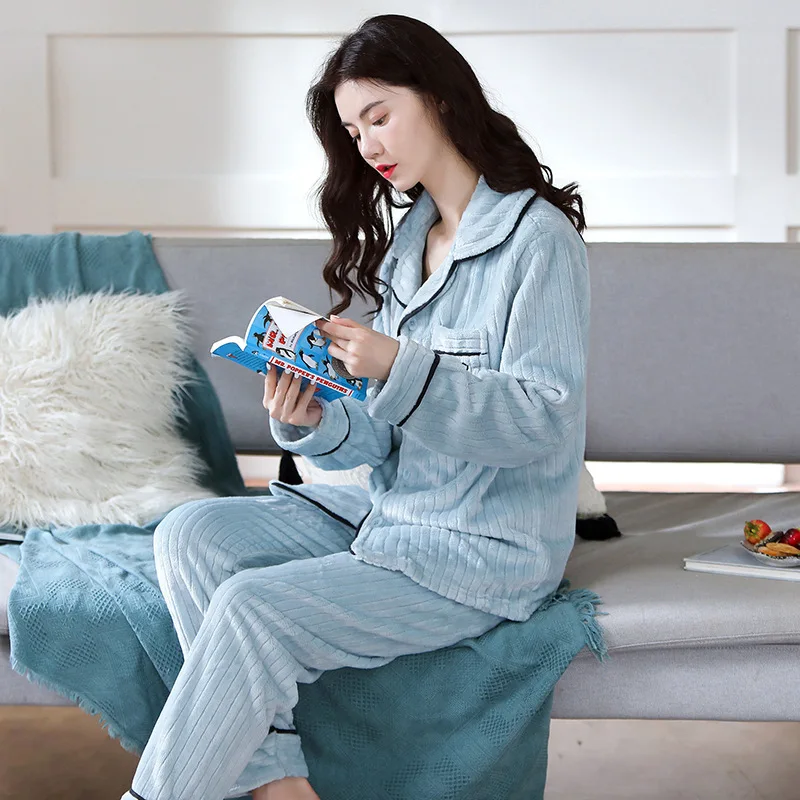 New Ladies Autumn Winter Sleepwear Warm Thickened Pajamas Set Flannel Soft Casual Nightwear Long Pants Homewear Pajamas