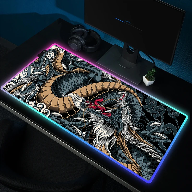 Grote Gaming Muismat Rgb Gamer Rubberen Muismat Draak Vergrendeling Rand Toetsenbord Mat Led Game Antislip Muis Mat Rubber Accessoires