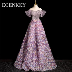 3D Flowers Off Shoulder Prom Dress Purple Luxury Sparkly Sequined Banquet Dresses Beading A Line فساتين حفلات الزفاف Dubai Women