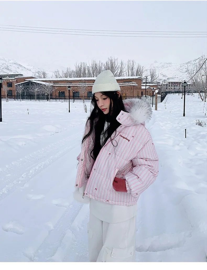 Korean Striped Bow Pattern Cropped Padded Jacket for Women Winter Hooded Coat with Faux Fur Collar Woman Sweet Thick Warm Parkas