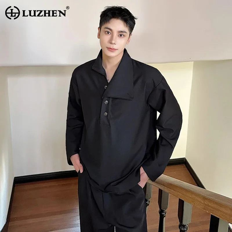 

LUZHEN Asymmetric Collar Design Long Sleeve Shirts Pullover Fashion Versatile Casual Blouses Trendy 2024 Autumn Men Tops LZ4882