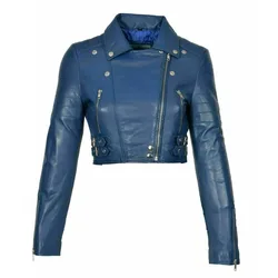 NEW HOT Women Genuine Lambskin Real Leather Jacket Blue Slim Fit Biker Crop Coat