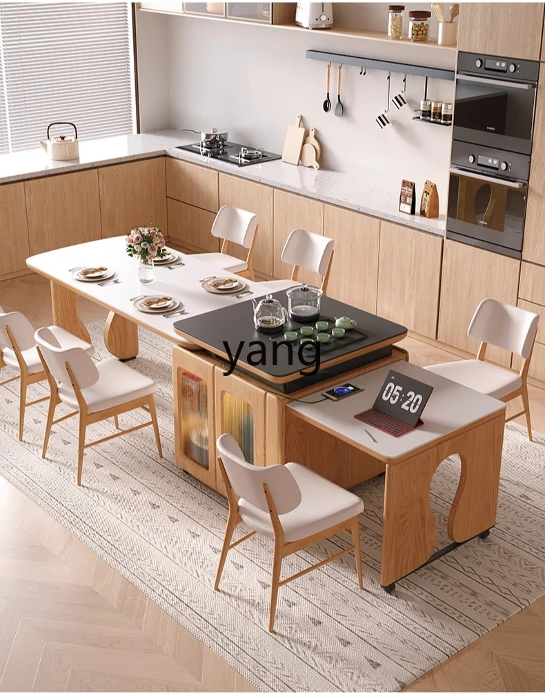LTT solid wood island dining table integrated retractable household guide table mobile rotating island dining table