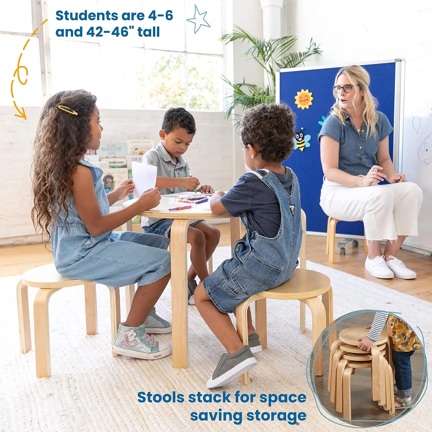 Bentwood Round Table and Stool Set, Kids Furniture, Natural, 5-Piece