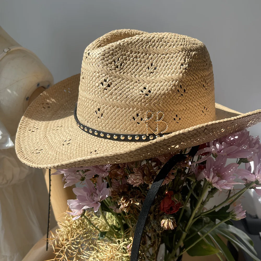 Hot sales New European and American Style Pin Design Straw Hat Female Hollow Letter Sun Hat Fashion Metal Chain Sunshade Hat
