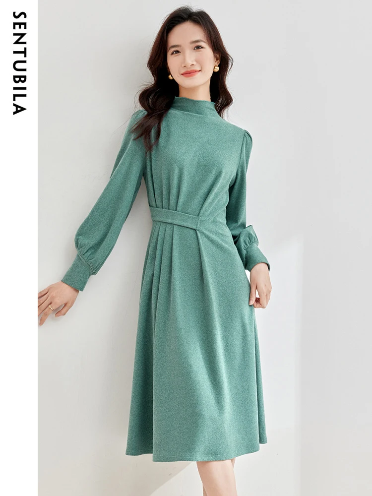 SENTUBILA Elegant Women\'s Knitted Dresses 2024 Autumn Winter Office Ladies Pleated Mock Neck Midi A-Line Female Dress 133L51430