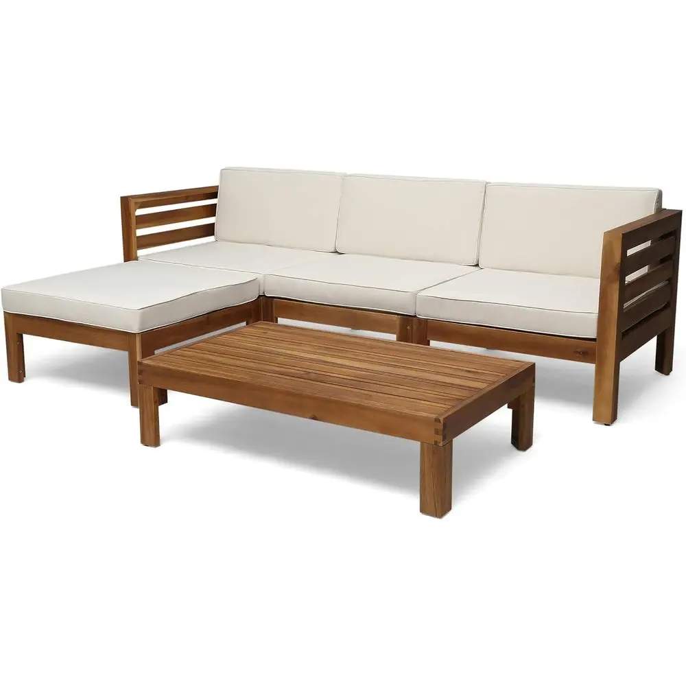 

5-Piece Acacia Wood Sofa Set with Teak Finish, Beige
