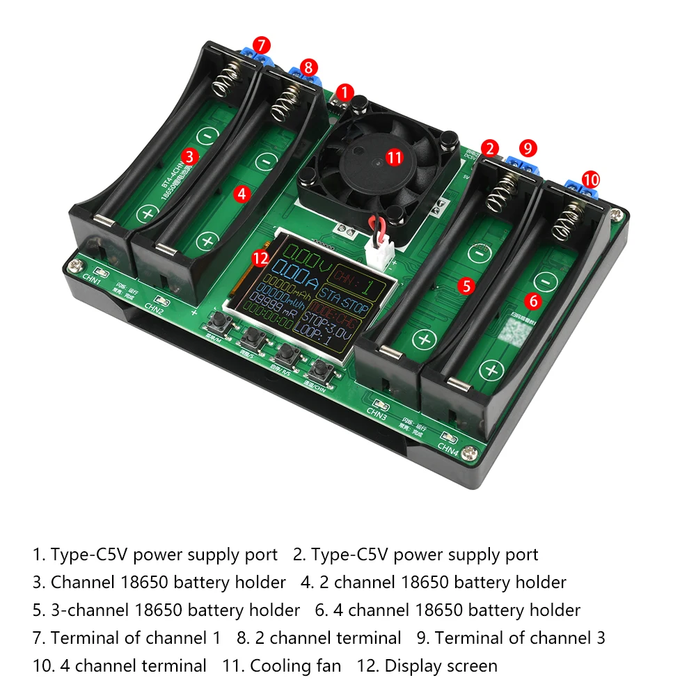 2Ch 4CH LCD Display Battery Capacity Tester MAh MWh Lithium Battery Digital Battery Power Detector 18650 Battery Tester Type-C