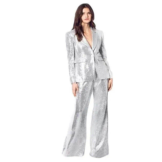 

2022 Fashion Women Suits Sparkling Silver Sequin Wide Leg Pant Suits For Ladies Formal Female Wedding Party Dresses Custom Made