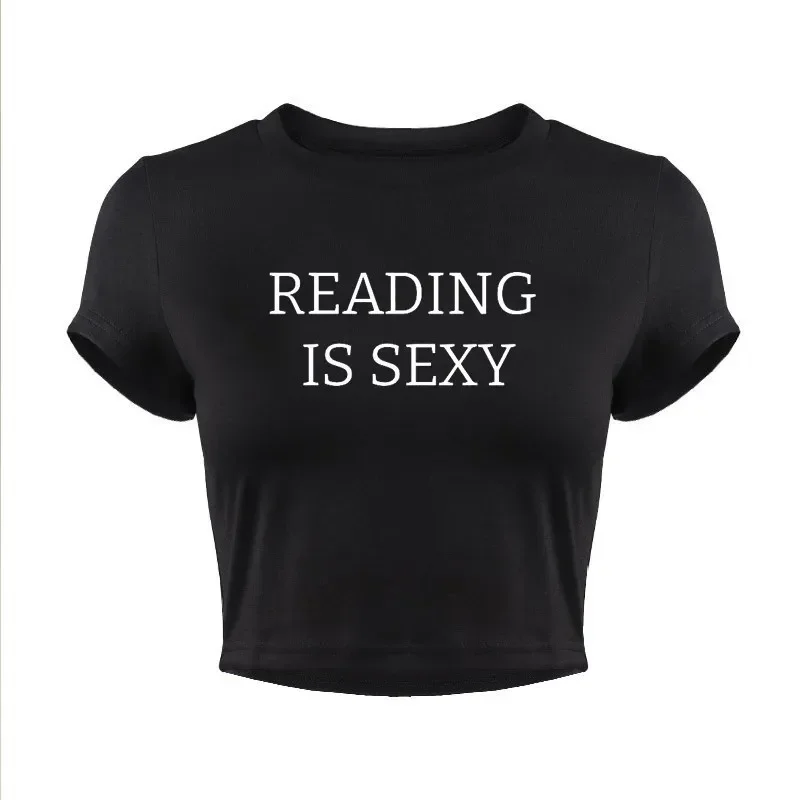 Reading Is Sexy Graphic Cropped Tops Women Fashion Short Sleeve T Shirt Y2k Clothes Gothic Baby Tee Book Lover Female Clothing