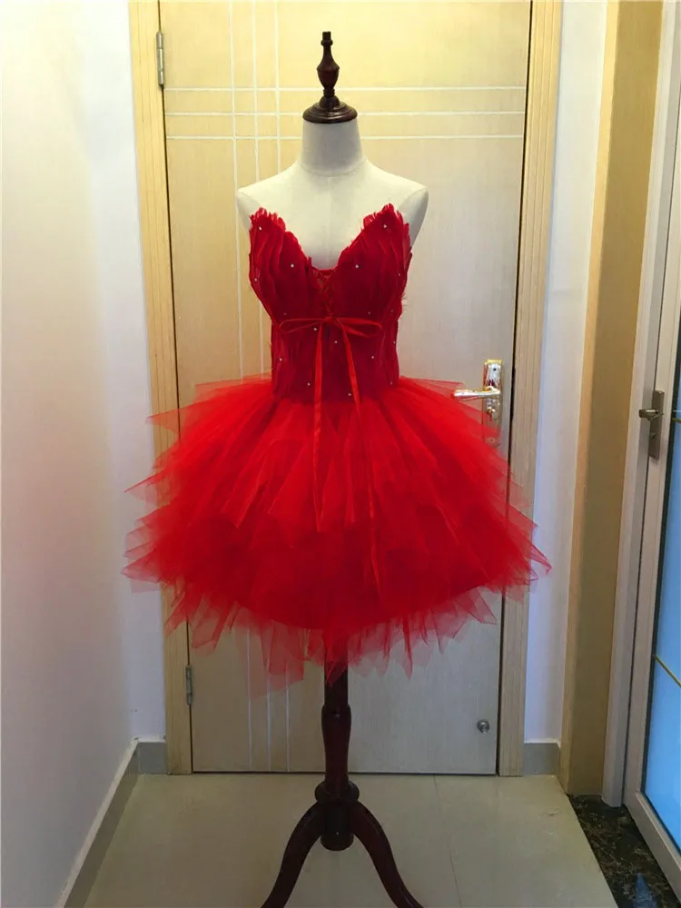 

GUXQD Red Feathers Cocktail Dresses V-Neck Tulle Prom Party Gowns Birthday Ball Gown Evening Dresses Vestido De Noche