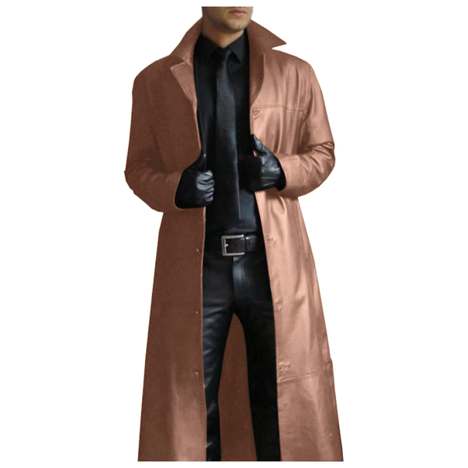 Men's Leather Trench Coat Vintage British Style Windbreaker Handsome Solid Color Slim-fit Overcoat Long Jacket Plussize Outwear