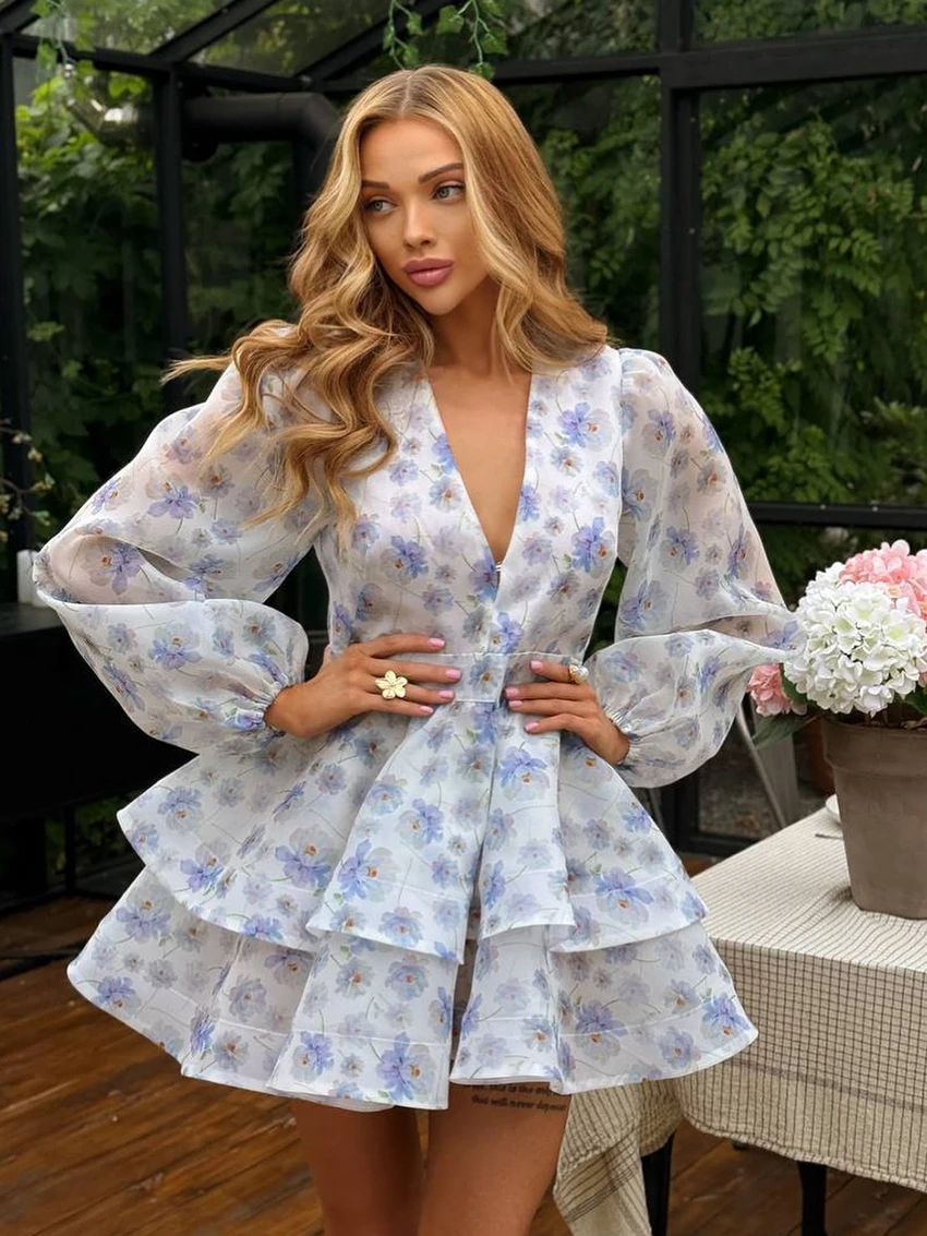 

Marthaqiqi Elegant Printing Women Sleepwear Sexy V-Neck Nightgown Long Sleeve Pajamas Mini Dress Fashion Autumn Ladies Nightwear