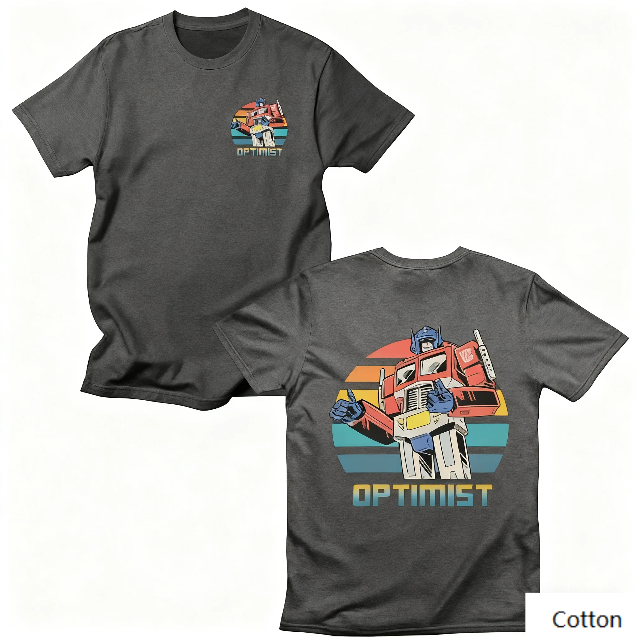 

Nostalgic Retro Robot Cotton Crew Neck T Shirt with A Creative Vintage Print of A Robot and “OPTIMIST” Text on Both Front