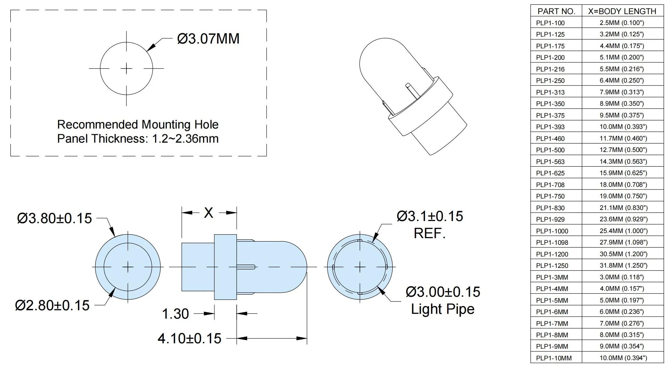 High Transmittance Light Pipe RoHS Plastic 2.8MM Diameter Round Head Light Guide Pipes PLP1 Series