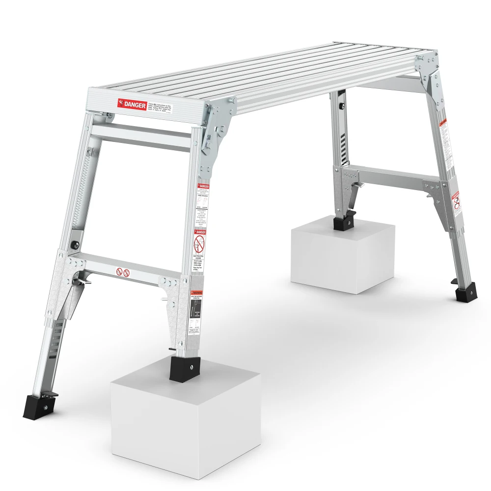 Aluminum Work Platform Large Size Step Stool Folding Portable Work Bench 40"  Width Telescopic Feet 22" -27.5" Height Adjustable