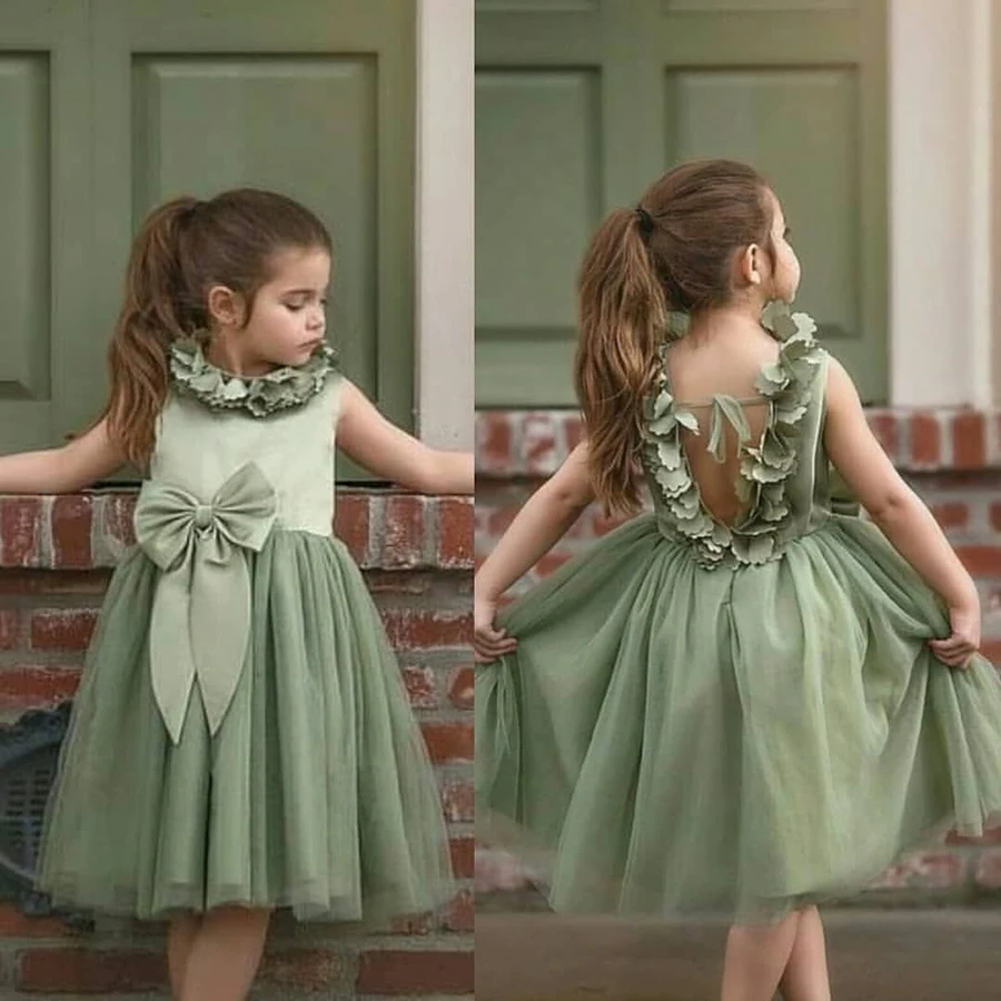 Customized Beach Flower Girl Dress A-line Kids Princess Lace Ruffles Bow Knee Length Wedding Fold Short Retro Prom Dresses 2025