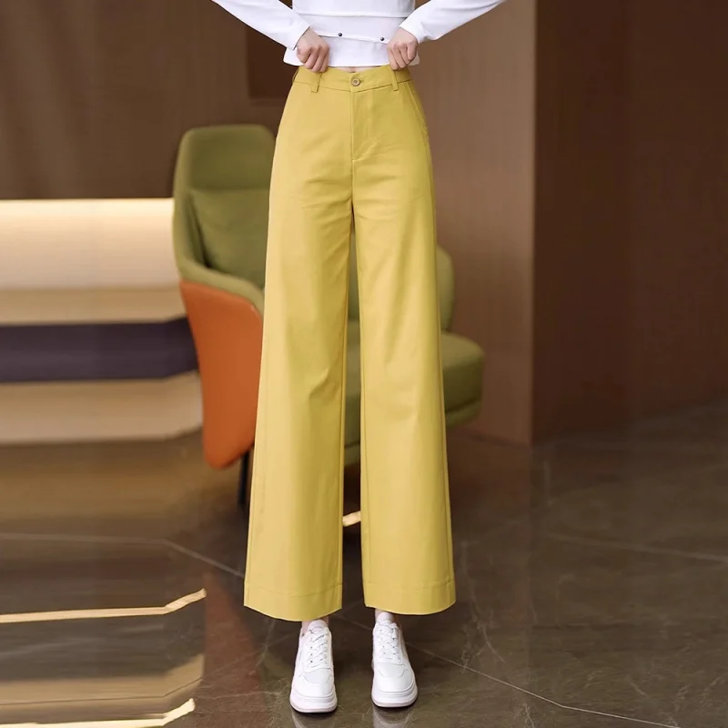 

Yellow Straight-Leg Suit Pants for Women, Autumn High-Waisted Slimming Nine-Point Pants, Casual Wide-Leg Trousers