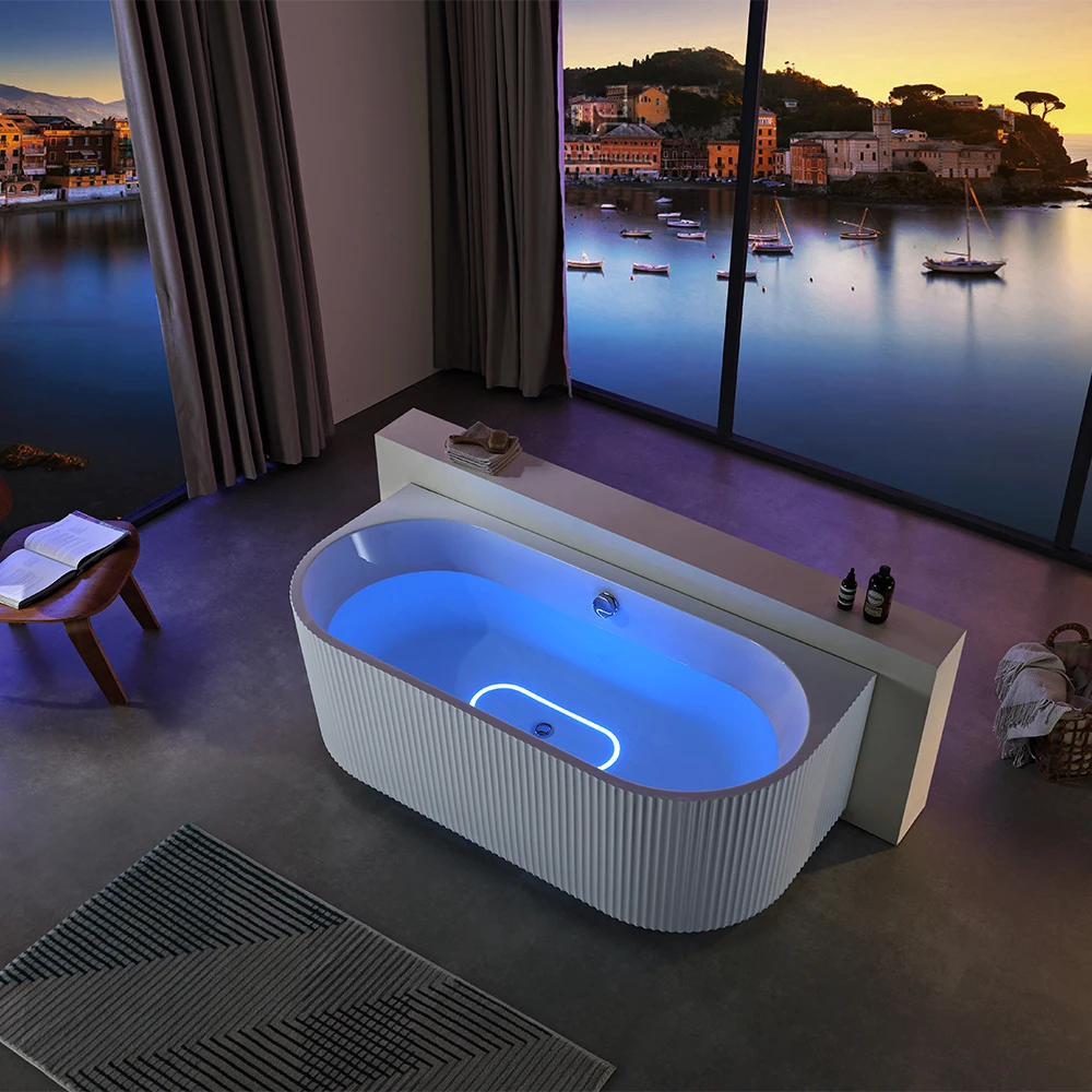 Striped Artistic Bathtub Indoor Free Standing Acrylic Tub Modern Single White Bathtub for Bathroom With LED Light