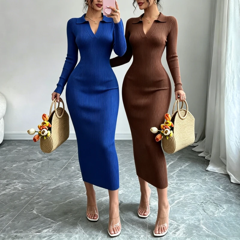 Damen Maxi-Strickkleid mit Polokragen, elastischem Rippband, langen Ärmeln, figurbetont, elegantes Pulloverkleid, Damen-Party- und Freizeitoutfit – Detail 1