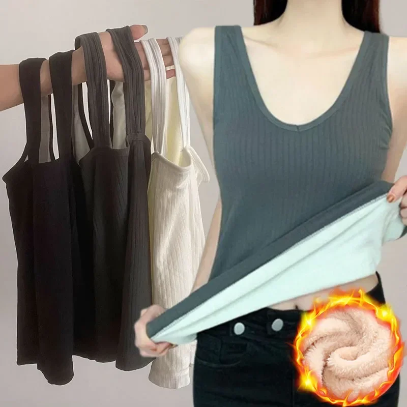 Thicken Autumn Warm Plush Base Tank Tops Sleeveless Solid Thermal Underwaist Vest FoFemale Winter Crop Tops Women\'s Shirt Camis