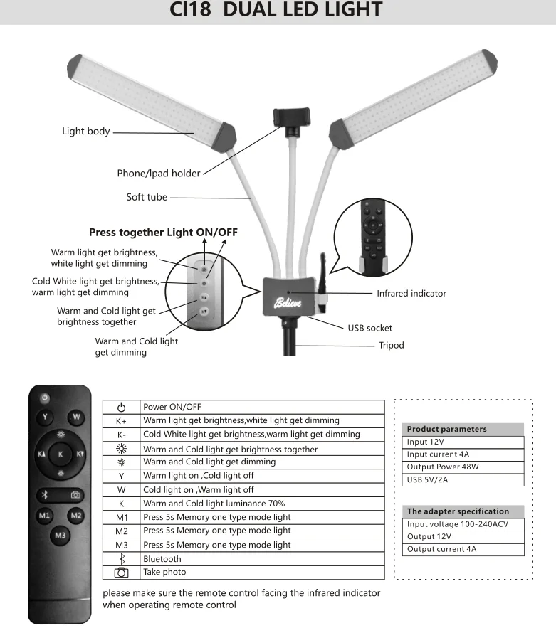 Luz de vídeo LED regulável com tripé, kit de iluminação fotográfica para câmera, estúdio de fotografia, 48W