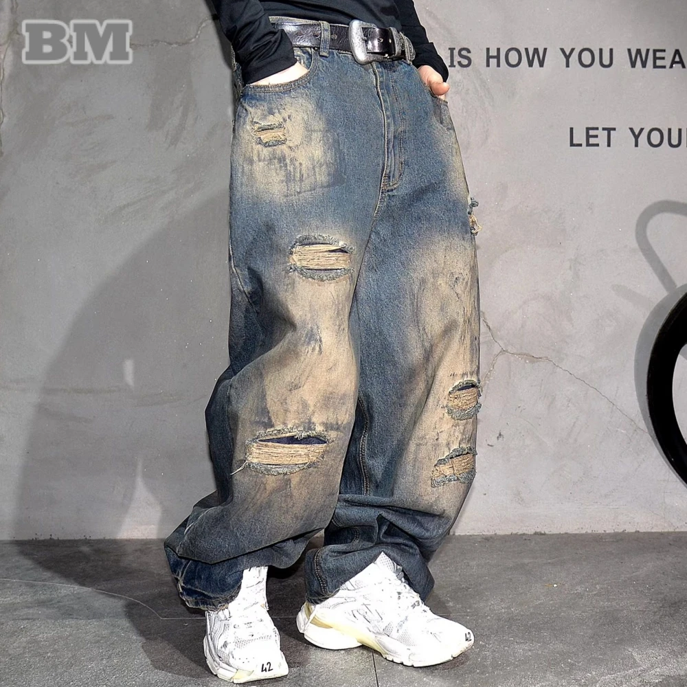 

Мужские мешковатые джинсы, потертые широкие брюки, свободный крой, большие комплектные джинсовые брюки в стиле хип-хоп, американские винтажные джинсовые брюки, мужские